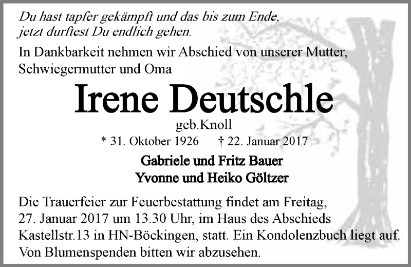  Traueranzeige für Irene Deutschle vom 25.01.2017 aus 
