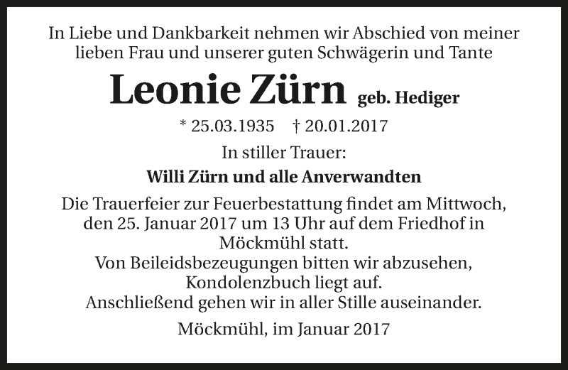  Traueranzeige für Leonie Zürn vom 23.01.2017 aus 