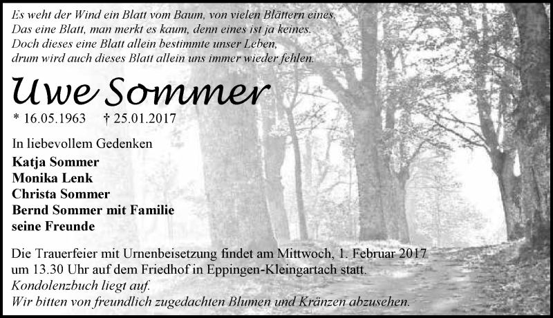  Traueranzeige für Uwe Sommer vom 28.01.2017 aus 