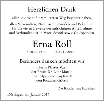 Traueranzeige von Erna Roll 