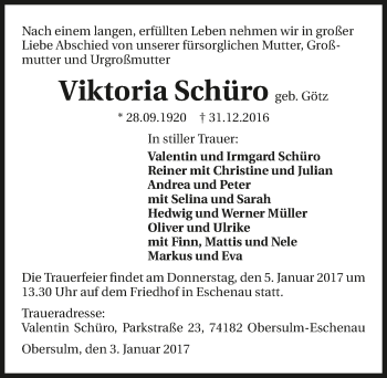 Traueranzeige von Viktoria Schüro 