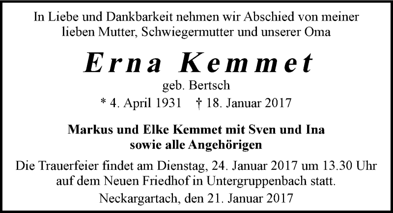  Traueranzeige für Erna Kemmet vom 21.01.2017 aus 
