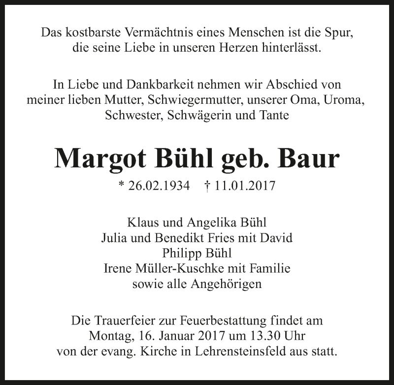  Traueranzeige für Margot Bühl vom 13.01.2017 aus 