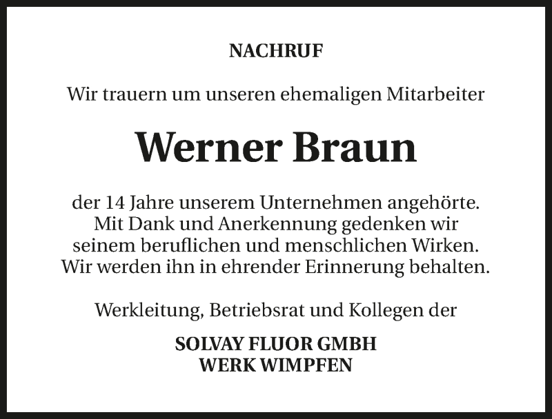  Traueranzeige für Werner Braun vom 25.01.2017 aus 