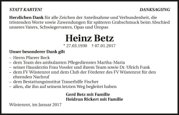 Traueranzeige von Heinz Betz 