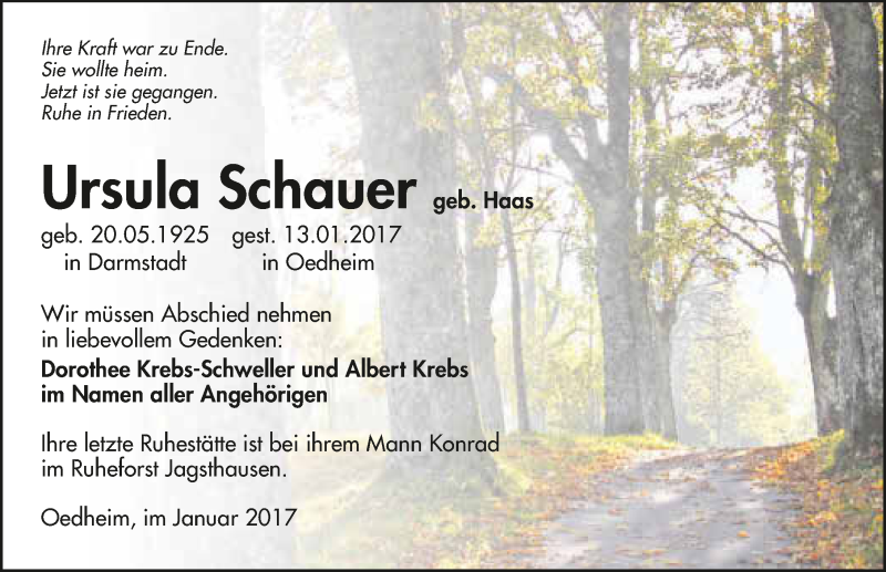  Traueranzeige für Ursula Schauer vom 17.01.2017 aus 