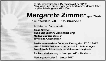 Traueranzeige von Margarete Zimmer 