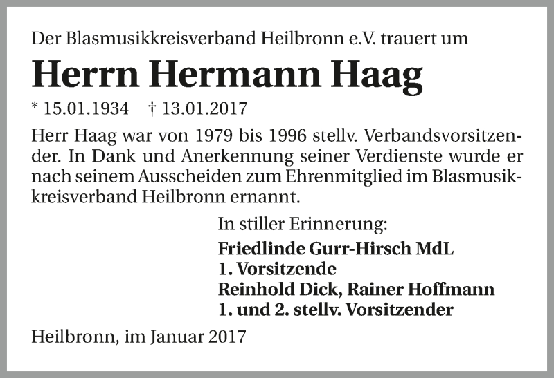  Traueranzeige für Hermann Haag vom 18.01.2017 aus 