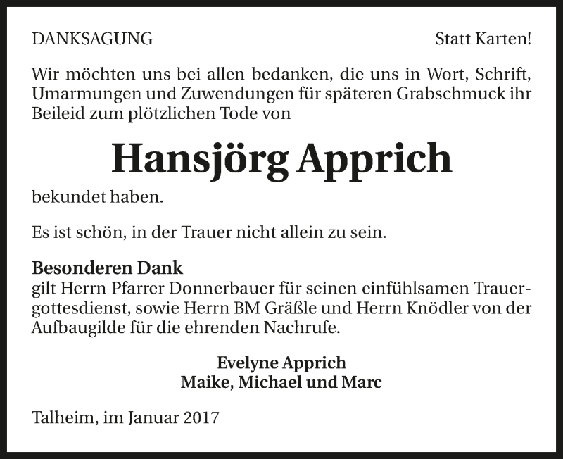  Traueranzeige für Hansjörg Apprich vom 07.01.2017 aus 