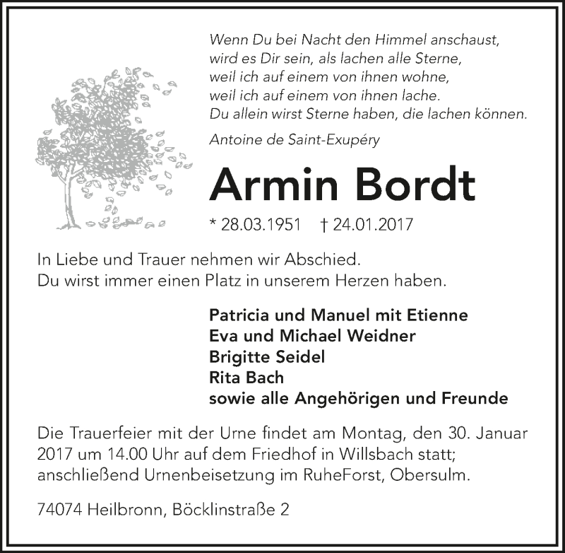  Traueranzeige für Armin Bordt vom 25.01.2017 aus 