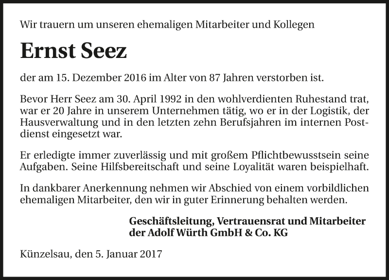  Traueranzeige für Ernst Seez vom 07.01.2017 aus 