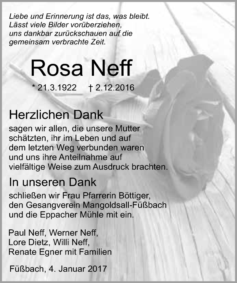  Traueranzeige für Rosa Neff vom 04.01.2017 aus 