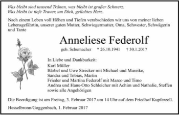 Traueranzeige von Anneliese Federolf 