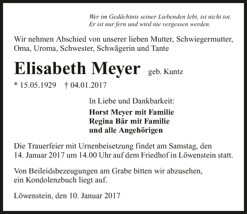  Traueranzeige für Elisabeth Meyer vom 10.01.2017 aus 