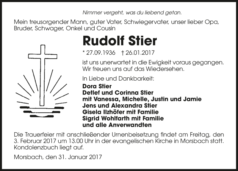  Traueranzeige für Rudolf Stier vom 31.01.2017 aus 