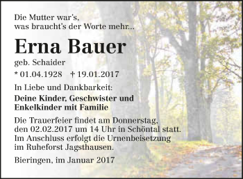 Traueranzeige von Erna Bauer 