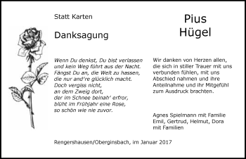 Traueranzeige von Pius Hügel 