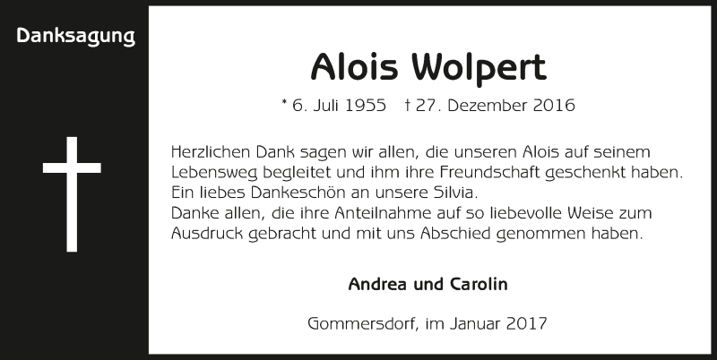  Traueranzeige für Alois Wolpert vom 21.01.2017 aus 