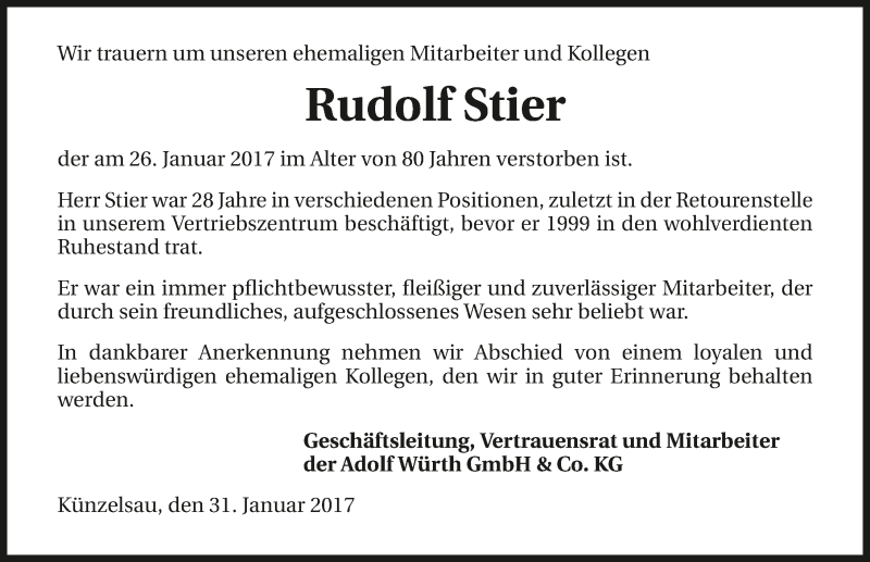  Traueranzeige für Rudolf Stier vom 31.01.2017 aus 