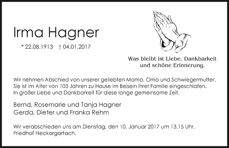  Traueranzeige für Irma Hagner vom 07.01.2017 aus 