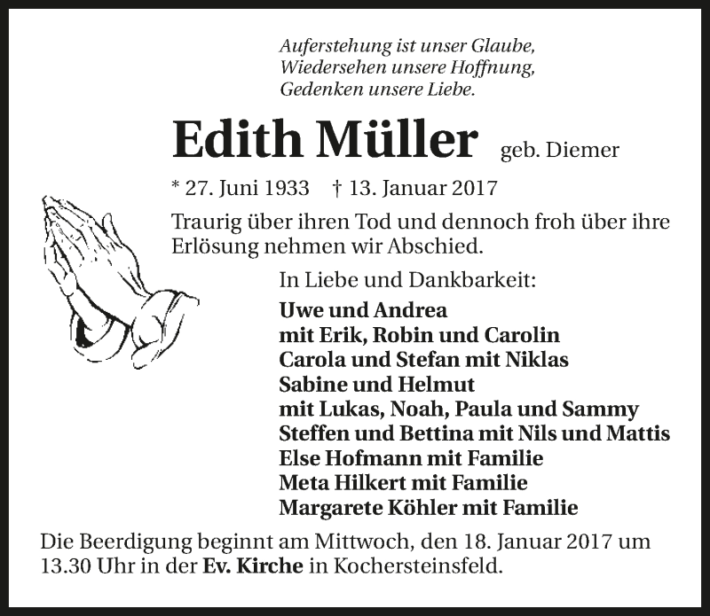  Traueranzeige für Edith Müller vom 16.01.2017 aus 