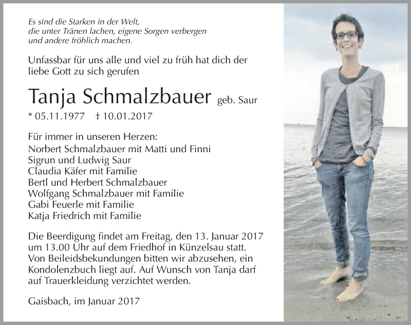  Traueranzeige für Tanja Schmalzbauer vom 11.01.2017 aus 