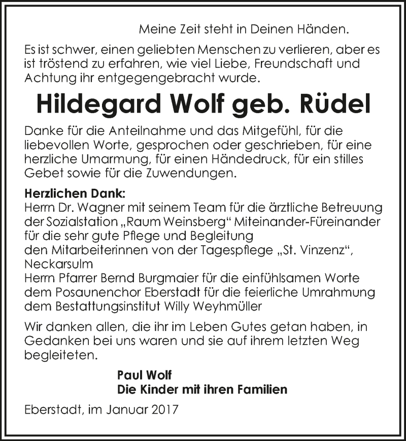  Traueranzeige für Hildegard Wolf vom 21.01.2017 aus 