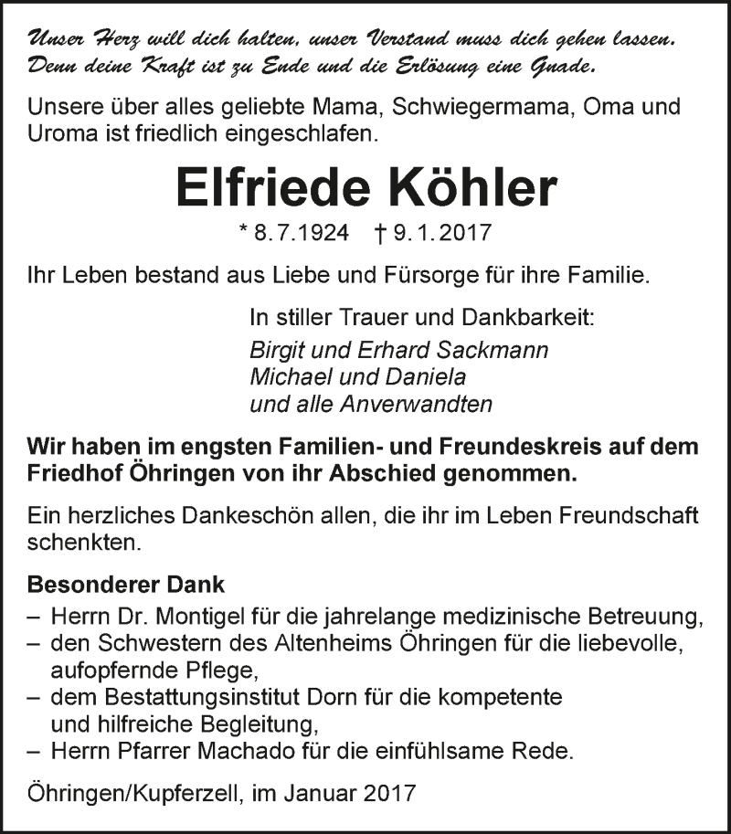  Traueranzeige für Elfriede Köhler vom 19.01.2017 aus 