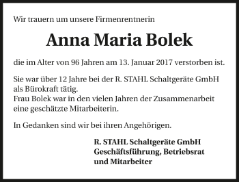 Traueranzeige von Anna Maria Bolek 