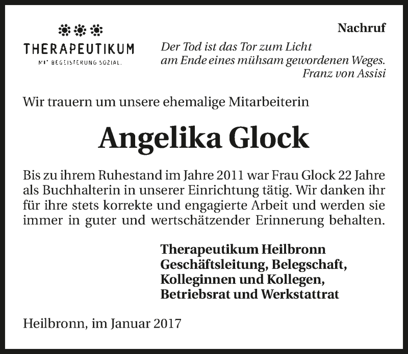  Traueranzeige für Angelika Glock vom 01.02.2017 aus 