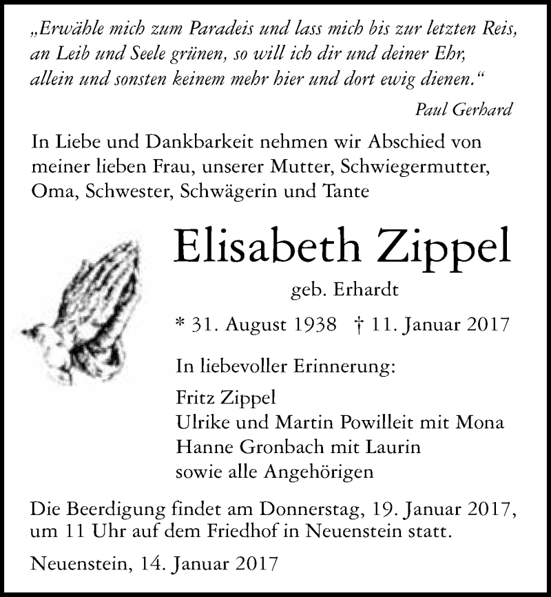  Traueranzeige für Elisabeth Zippel vom 14.01.2017 aus 