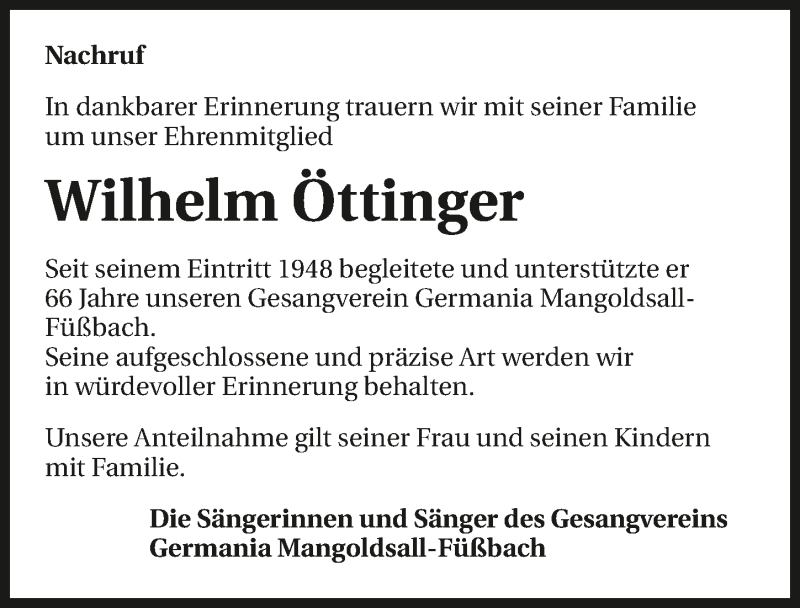  Traueranzeige für Wilhelm Öttinger vom 23.01.2017 aus 