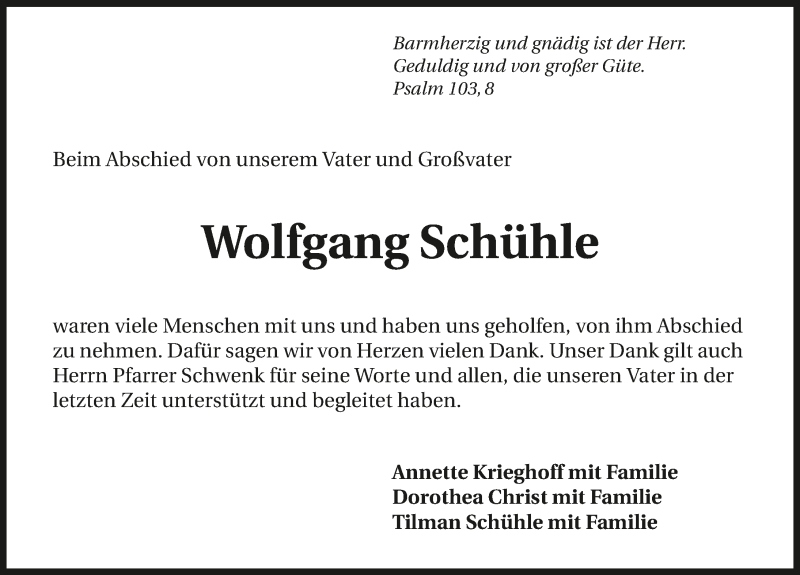  Traueranzeige für Wolfgang Schühle vom 28.01.2017 aus 