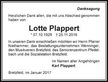 Traueranzeige von Lotte Plappert 
