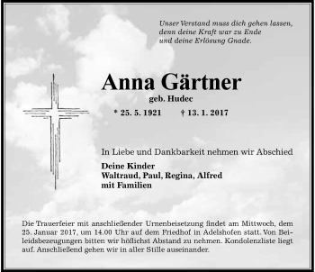 Traueranzeige von Anna Gärtner 