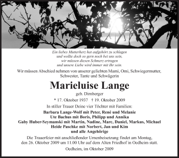 Traueranzeige von Marieluise Lange  