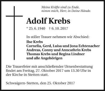 Traueranzeige von Adolf Krebs 