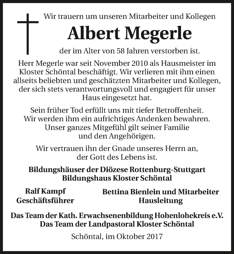  Traueranzeige für Albert Megerle vom 28.10.2017 aus 