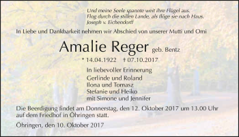 Traueranzeige von Amalie Reger 