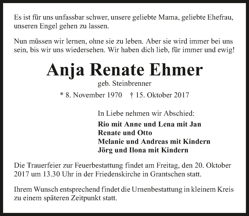  Traueranzeige für Anja Renate Ehmer vom 18.10.2017 aus 
