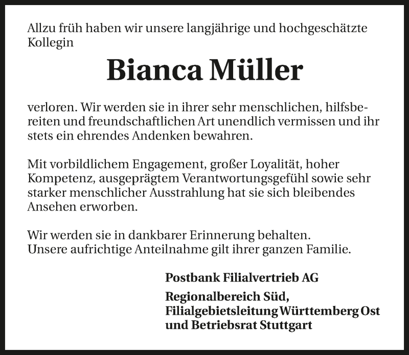  Traueranzeige für Bianca Müller vom 10.10.2017 aus 