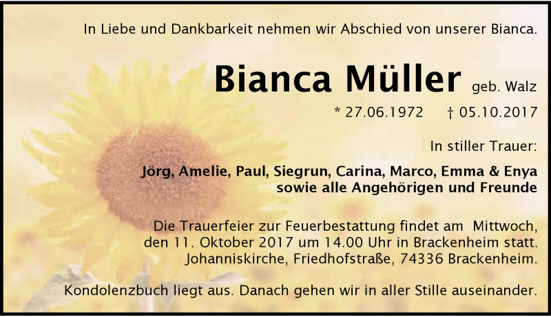  Traueranzeige für Bianca Müller vom 07.10.2017 aus 