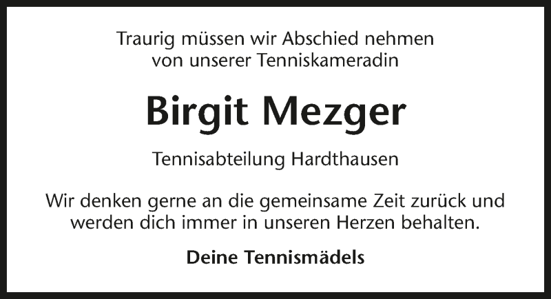  Traueranzeige für Birgit Mezger vom 25.10.2017 aus 