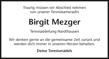 Traueranzeige von Birgit Mezger