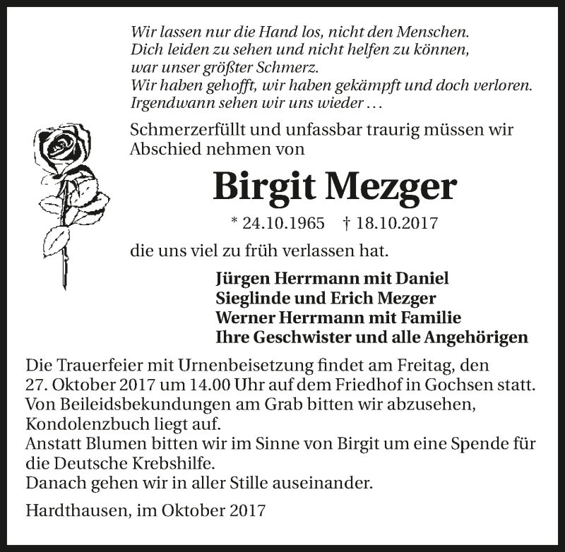  Traueranzeige für Birgit Mezger vom 25.10.2017 aus 