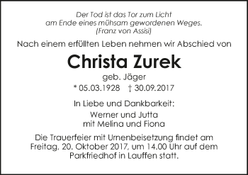 Traueranzeige von Christa Zurek 