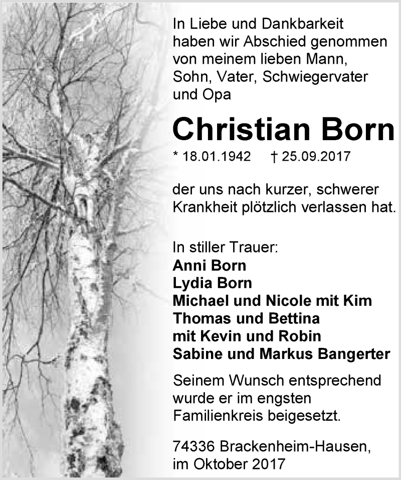  Traueranzeige für Christian Born vom 07.10.2017 aus 