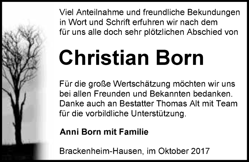  Traueranzeige für Christian Born vom 21.10.2017 aus 