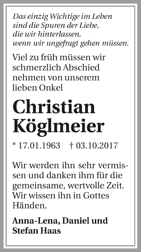  Traueranzeige für Christian Köglmeier vom 07.10.2017 aus 