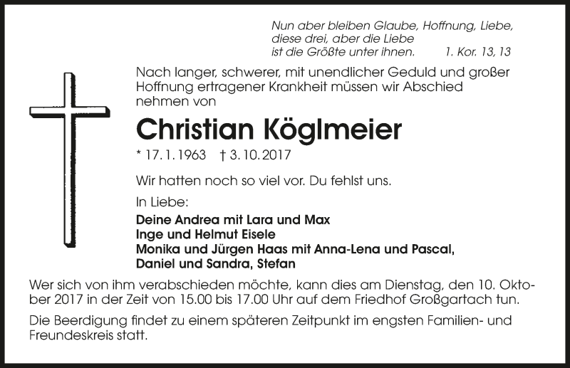  Traueranzeige für Christian Köglmeier vom 07.10.2017 aus 